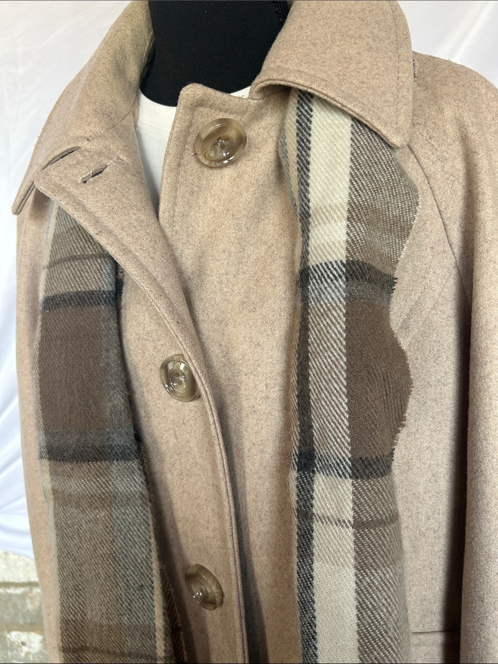 London Fog Beige Wool-Blend Pea Coat with Attached Plaid Scarf